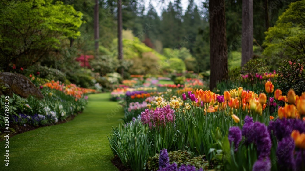 Fototapeta premium Vibrant floral pathway winding through a lush botanical garden bursting with spring tulips and colorful blossoms