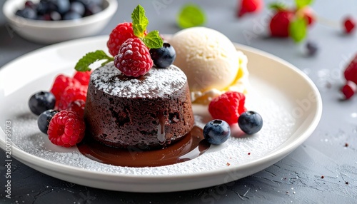A decadent chocolate lava cake topped with fresh raspberries and blueberries served with a scoop of vanilla ice cream on a white plate.