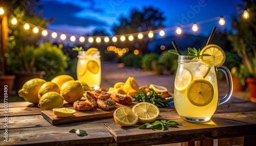Refreshing homemade lemonade served in glass jars on a rustic wooden table outdoors with fairy lights background in a warm summer evening.
