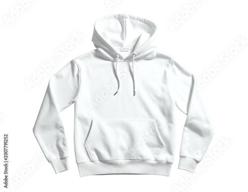 Blank white hooded sweatshirt with a pouch pocket, against white