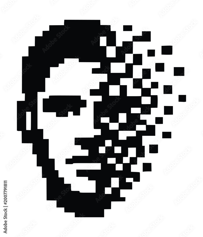 Fototapeta premium Pixalated art illustration of glitch art or fragmented digital portraits, often depicting a face dissolving into squares