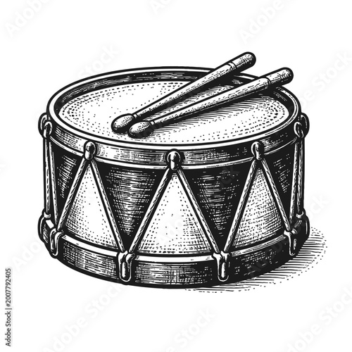 A black and white illustration of a snare drum with drumsticks on top, isolated on a white background, a music instrument.