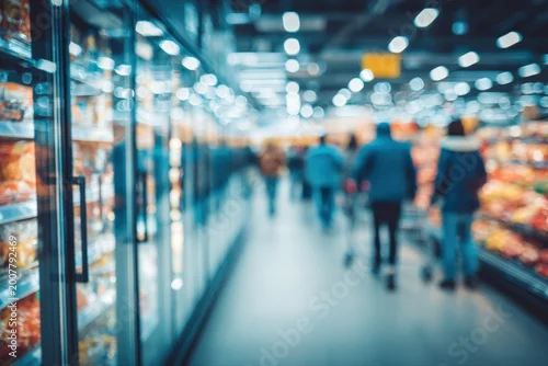 Fototapeta Blurred aisle of a brightly lit supermarket with customers walking past chilled display cabinets and shelves stocked with food products