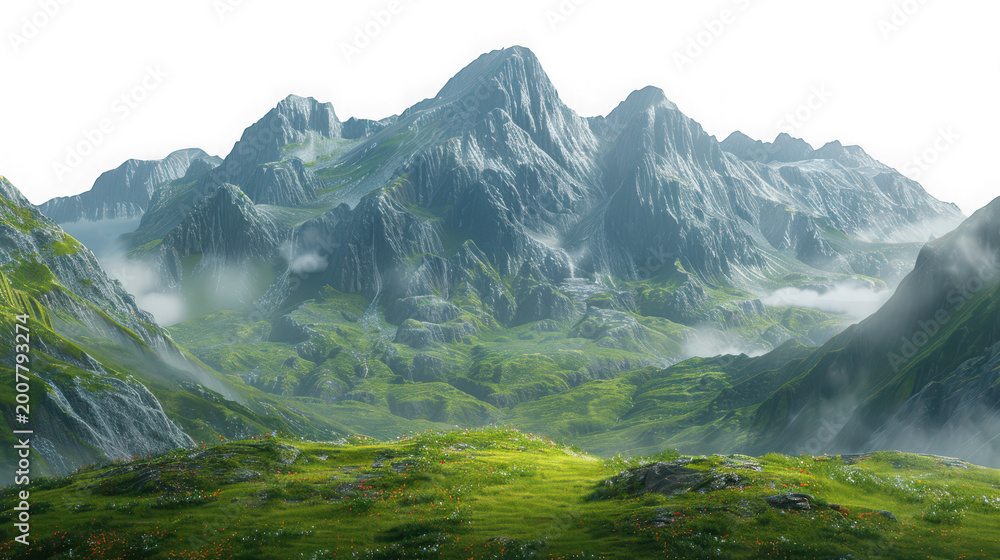 Fototapeta premium Misty green mountains with dense forest isolated on transparent background