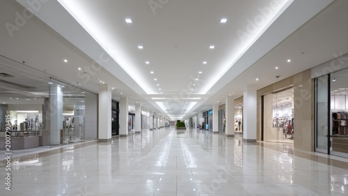 Modern Interior of a Bright, Empty Retail Shopping Mall with Polished Floors and Display Windows