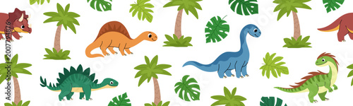 Dinosaurs seamless border. Children cartoon prehistoric animals and tropical leaves horizontal banner background. Summer ornament. Cartoon background.