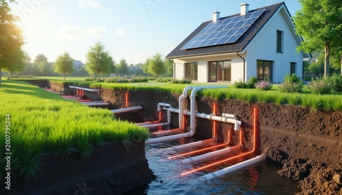 Modern house with solar panels uses geothermal energy. Underground pipes transfer heat from water source to residential heating system. Eco-friendly concept for sustainable living and clean energy.