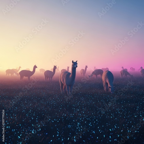 Herd of alpacas in misty field.