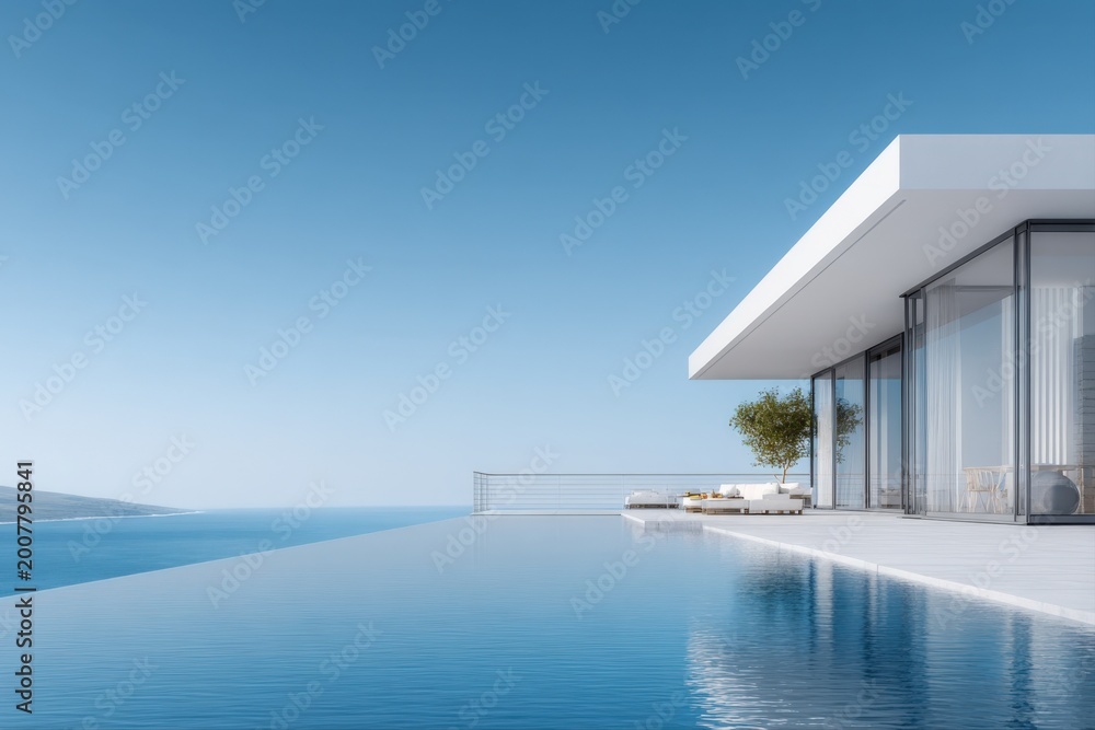 Obraz premium Luxury Modern Villa with Infinity Pool Overlooking the Ocean on a Clear Day