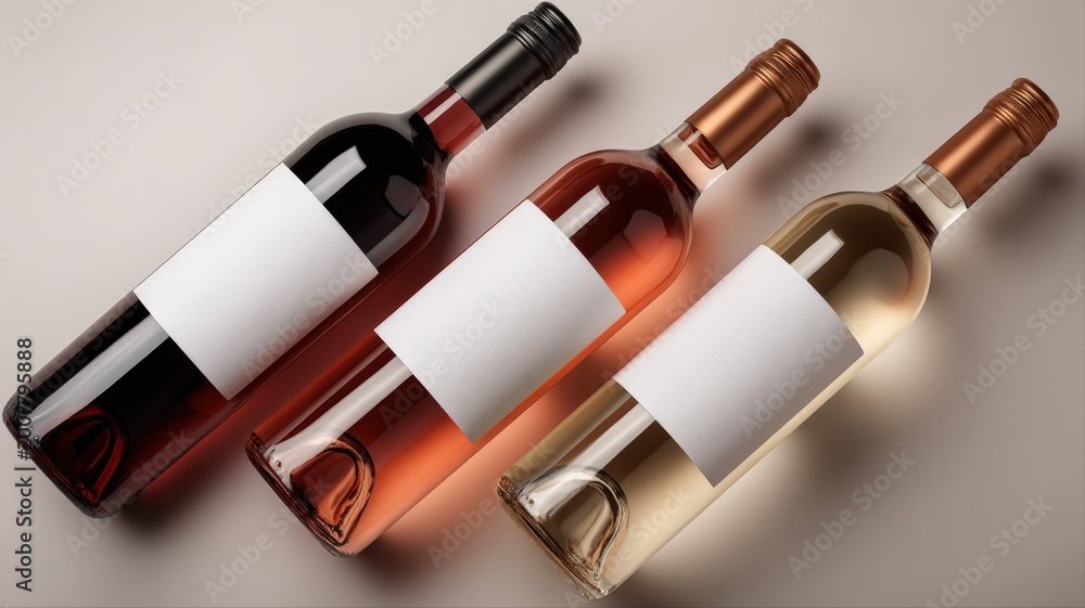Naklejka premium Three Bottles of Red, Rosé, and White Wine with Blank Labels on a Light Gray Background