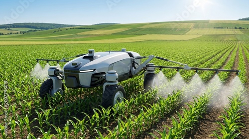 Autonomous Farm Vehicle Irrigating Crops Futuristic Agriculture