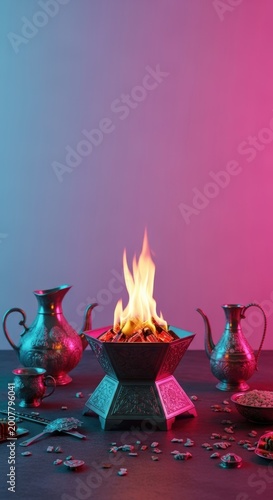 Fire burning in decorative metal bowl.
