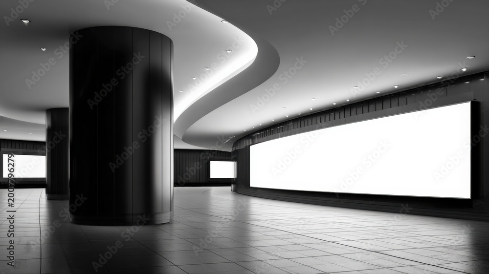 Fototapeta premium Modern minimalist interior with large blank digital billboards for advertising and marketing display