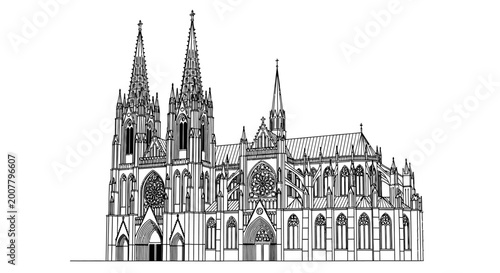 Line art illustration of a Gothic cathedral building facade