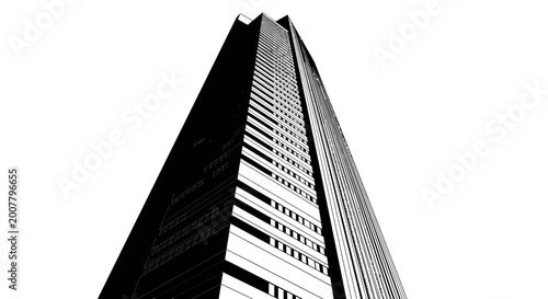Minimalist black and white architectural skyscraper low angle view