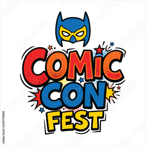Fotografie Comic con fest with superhero mask and starbursts pop culture comic book convent
