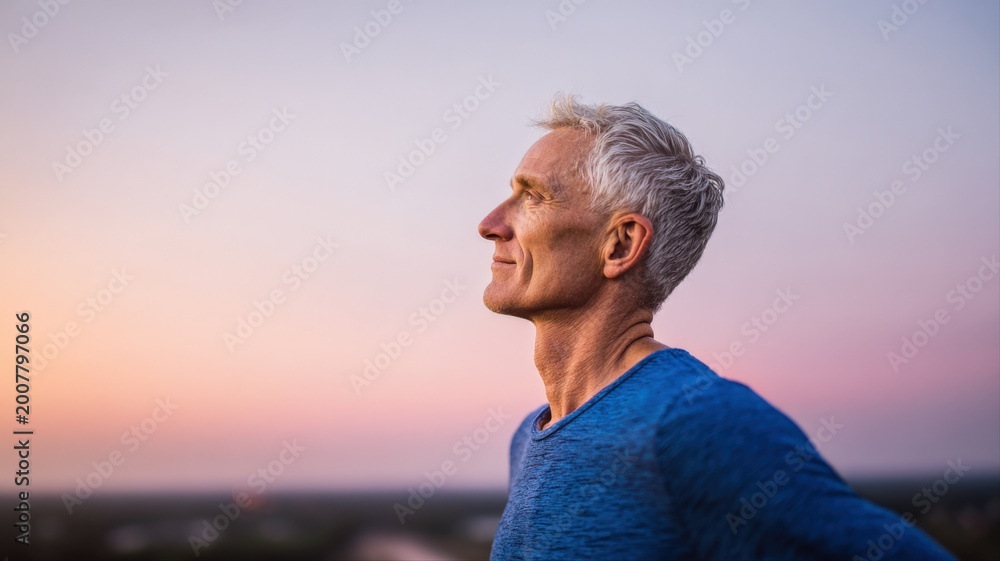 Fototapeta premium Mature man with gray hair looking up at a serene sunset sky, embodying hope and contemplation