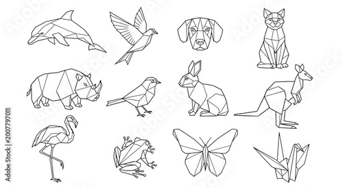 Canvas Print Geometric animal icons, line art illustrations, 10 species, wildlife symbols, bl