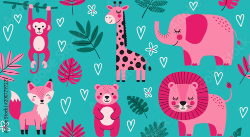 Photography Whimsical jungle animals, colorful wildlife pattern, pink safari creatures, turq