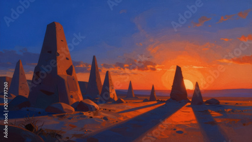 Towering mysterious monoliths cast long shadows over a desolate desert at vibrant sunset, embodying an ancient exploration concept and tranquil, otherworldly landscape