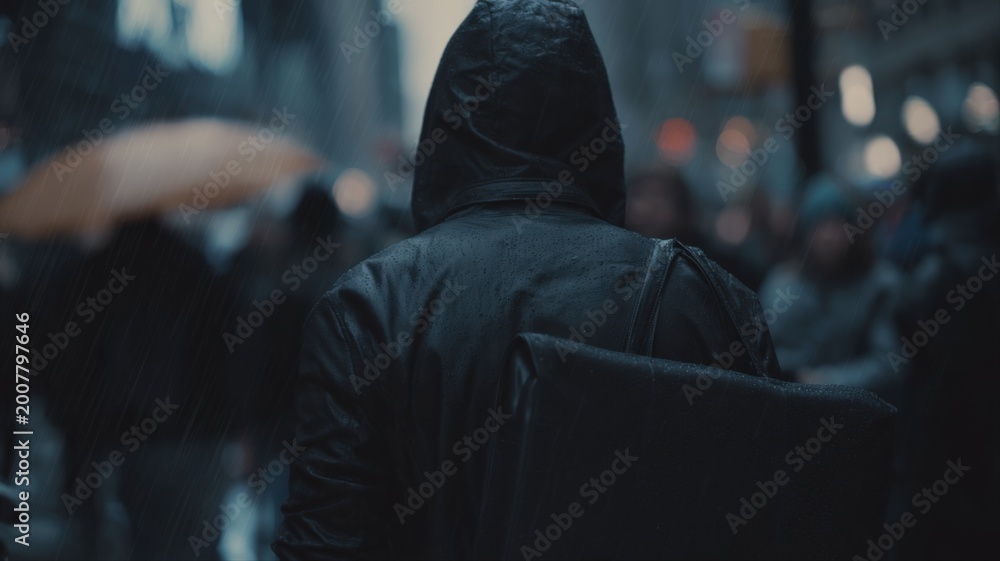 Fototapeta premium Anonymous figure in hooded jacket walks through a blurry, moody urban street scene at dusk