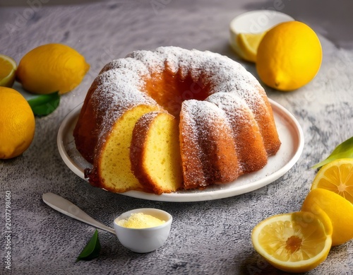 High-res photo of lemon bundt cake on white plate, powdered sugar, sliced pieces, moist texture, lemons around, grey stone table, pastel teal teapot, soft light, shallow depth, no text
