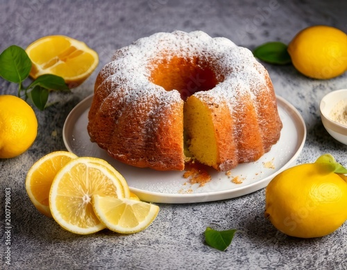 High-res photo of lemon bundt cake on white plate, powdered sugar, sliced pieces, moist texture, lemons around, grey stone table, pastel teal teapot, soft light, shallow depth, no text