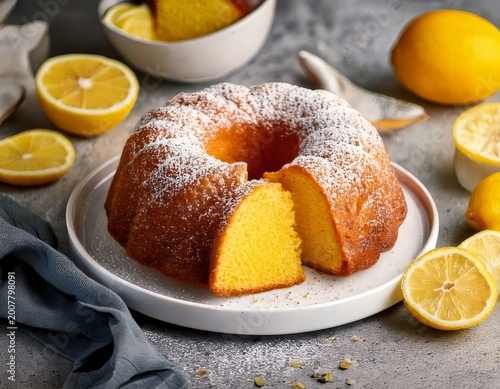 High-res photo of lemon bundt cake on white plate, powdered sugar, sliced pieces, moist texture, lemons around, grey stone table, pastel teal teapot, soft light, shallow depth, no text