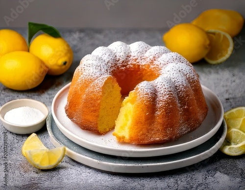 High-res photo of lemon bundt cake on white plate, powdered sugar, sliced pieces, moist texture, lemons around, grey stone table, pastel teal teapot, soft light, shallow depth, no text