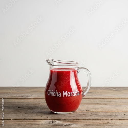 Chicha Morada in glass pitcher on wood.