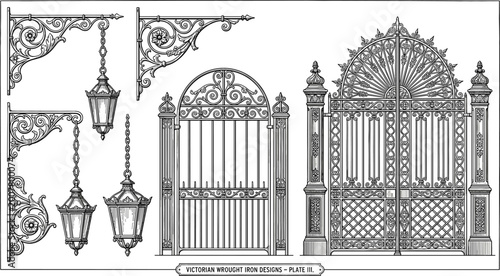 Fotografie Victorian wrought iron design elements set featuring ornate gates, decorative garden fence, vintage street lamps, and classic scrollwork brackets for architectural and luxury branding projects