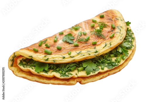 Delicious folded omelet with herbs isolated on transparent background