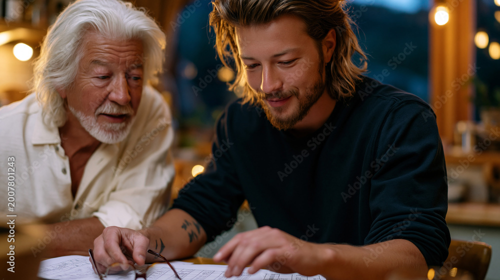 Fototapeta premium Elderly mentor and young founder leaning over printed spreadsheets at a kitchen table, reading glasses resting on budget rows, afternoon golden hour streaming through curtains, bridging generational