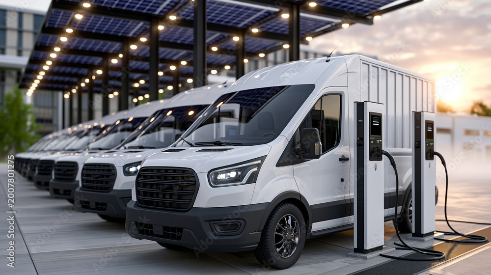 Naklejka premium Electric vehicle charging hub at a spring flower festival, rows of colorful EVs plugged in beside food stalls and flower vendors, families milling about in light jackets, afternoon sun soft and warm