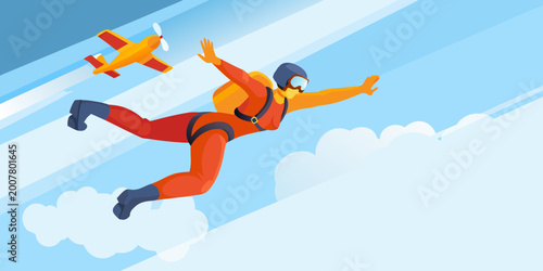 Tableau sur toile Skydiver in free fall with airplane vector illustration