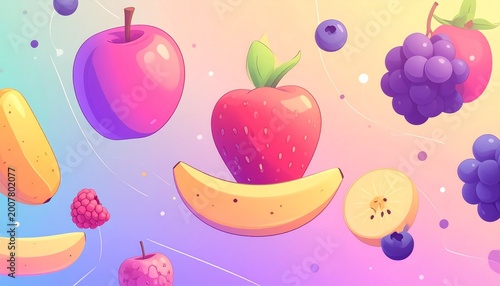 Vibrant and Whimsical Fruits, Including Strawberries, Grapes, and Bananas, Artfully Scattered Over a Dreamy Gradient Background in a Playful Illustration