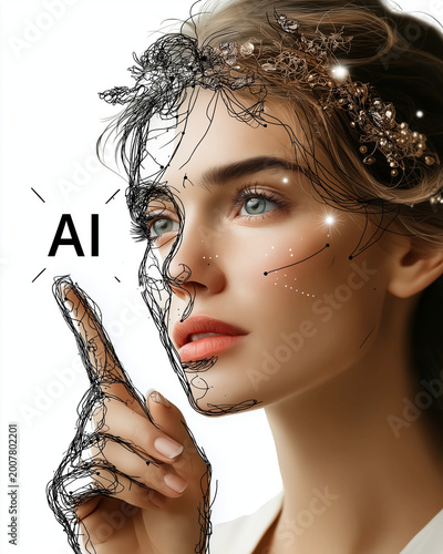 AI's Artistic Gaze: A mesmerizing composition showcasing the fusion of artificial intelligence and human artistry. The image depicts a woman with half of her face rendered in delicate line art.