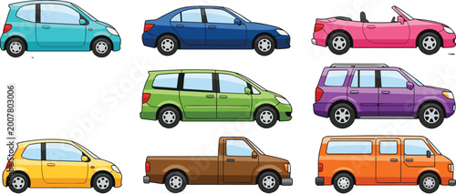 Slika na platnu Colorful car collection set with hatchback sedan convertible minivan pickup and