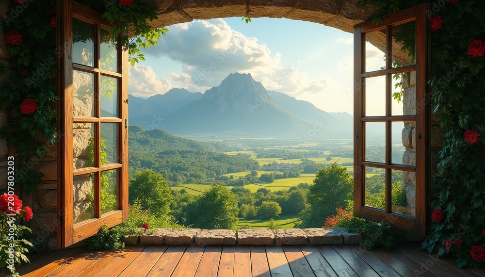 Fototapeta premium View from rustic stone house window opens to lush green valley mountain range and sunlit sky. Wooden balcony with roses overlooks scenic landscape. Serene rural getaway.