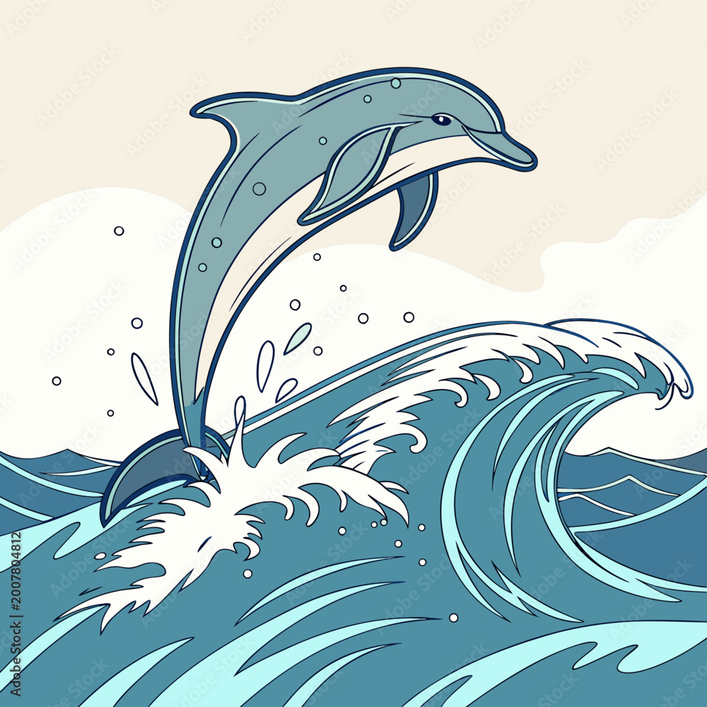 Obraz premium Dolphin jumping over ocean wave with surfing wave sea creature wildlife creature swimming movement tropical vacation underwater illustration