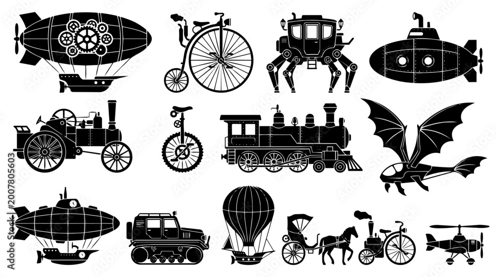 Obraz premium Black silhouette collection of steampunk vehicles, featuring retro-futuristic airships, trains, and unique contraptions, isolated on white.
