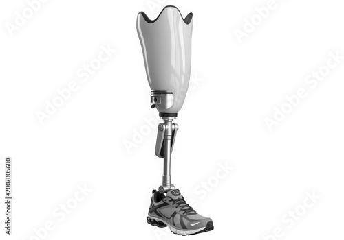 A prosthetic leg with a silver metal foot and a white socket
