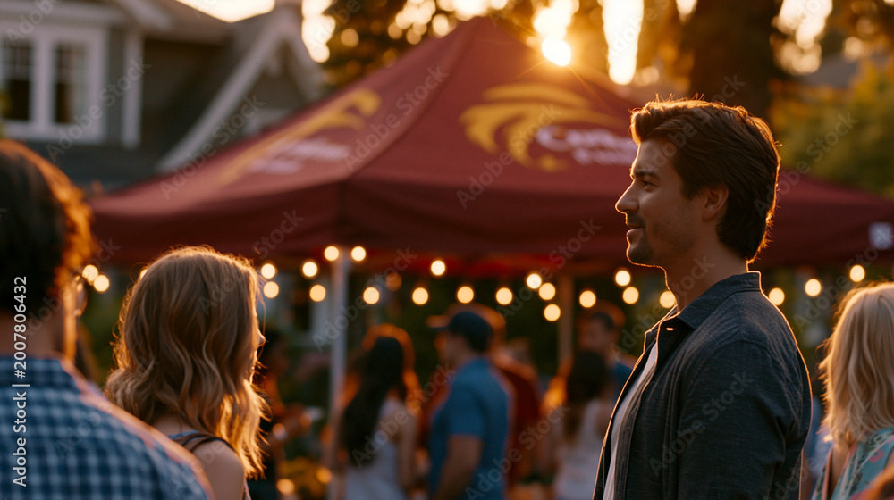 Obraz premium Golden hour falling across a neighborhood block party where a local entrepreneur has set up a branded booth for the first time, product lined up nervously, neighbors stopping to look, vibrant spring