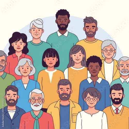 Diverse group of illustrated people community portrait with various ages and genders