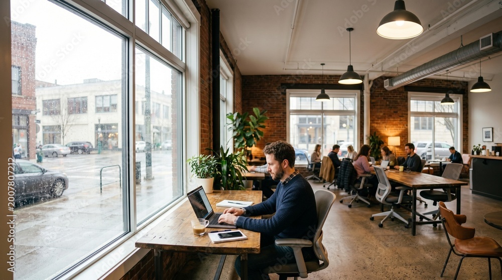 Fototapeta premium Developer Working on Laptop in Busy Coworking Cafe