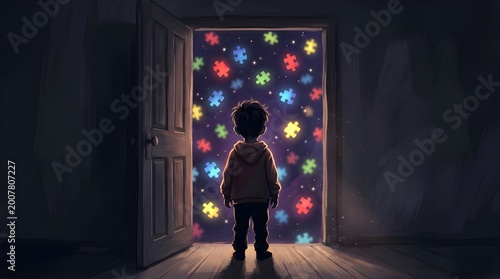 Child standing in doorway with colorful star lights at night
