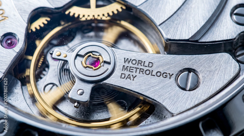 Greeting card World Metrology Day featuring internal watch movement mechanism.