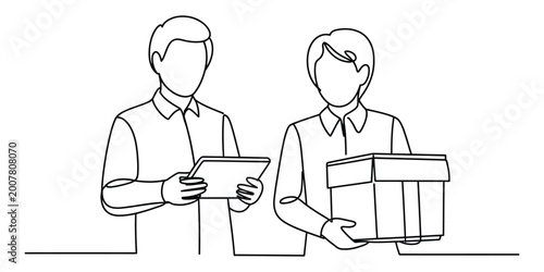 Man and woman holding tablet and cardboard box continuous line drawing