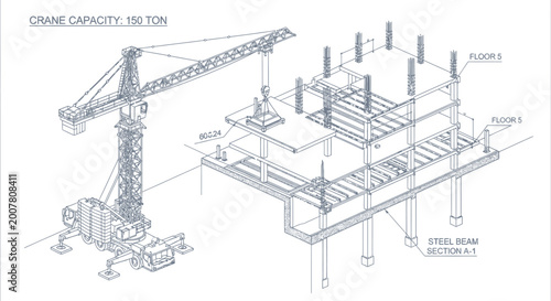Fotografi Isometric view of a building construction site with a crane and structural elements, industrial development blueprint on isolated white background