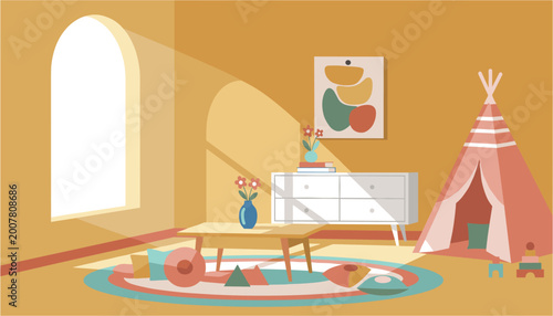 Tableau sur toile Cozy cartoon bedroom with toy bed and furniture for children